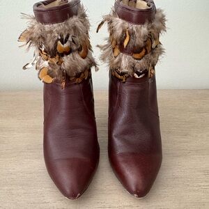 bebe Brown Ankle Boots with Feather Detail